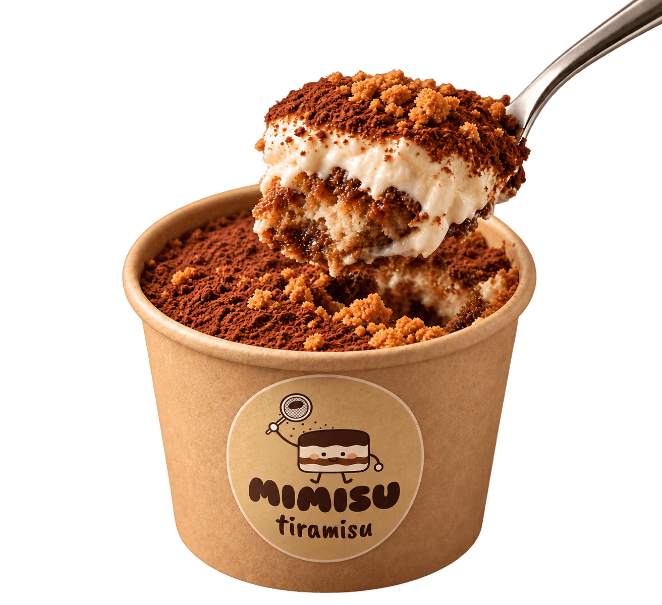 MIMISU tiramisu in a natural kraft-paper cup with a spoon lifting a creamy layered bite