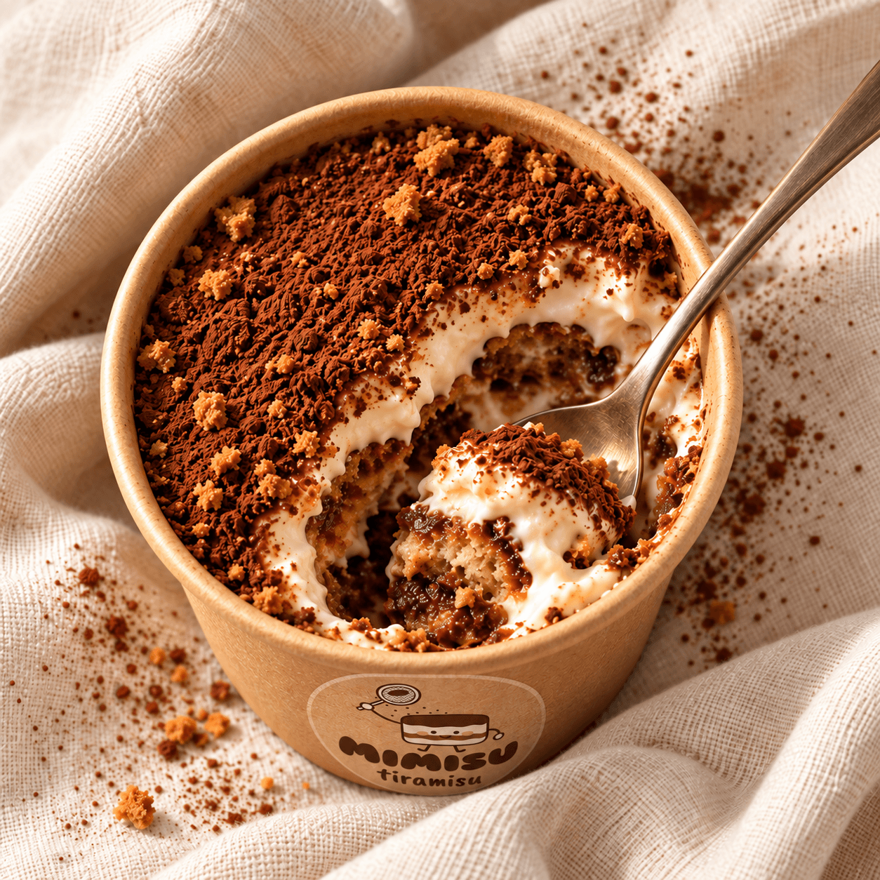 Top-down view of a MIMISU Classic tiramisu cup with a spoon