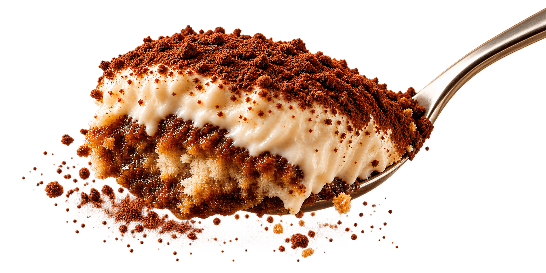 Close-up tiramisu spoonful showing cocoa, mascarpone and coffee-soaked sponge layers